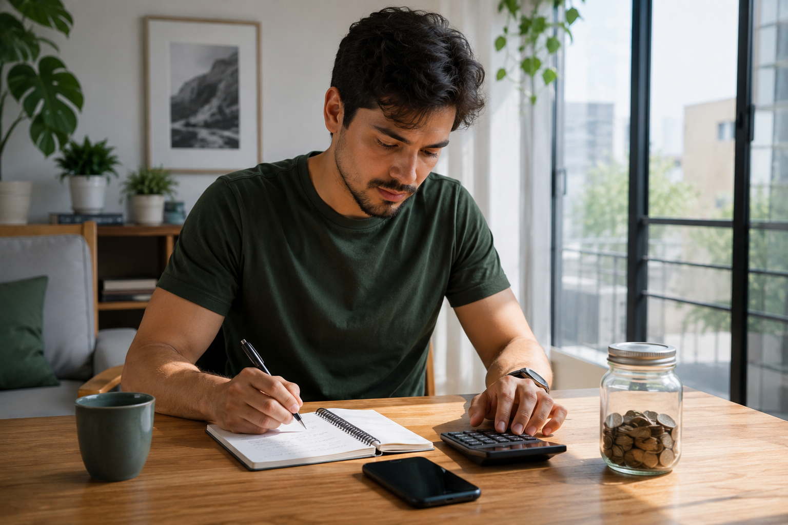 Homem calculando quanto deve guardar na reserva de emergência.