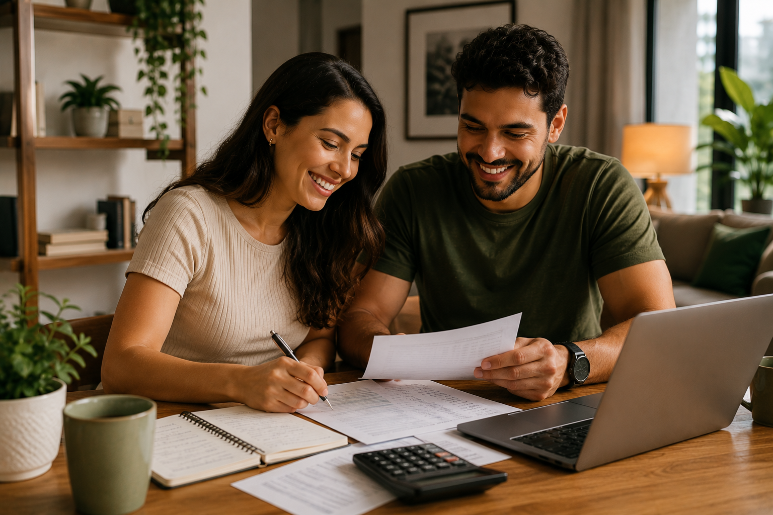 Casal planejando as finanças e organizando uma reserva de emergência.